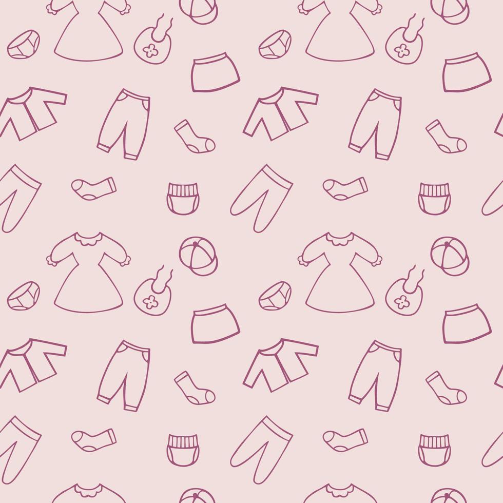 patrón interminable rosa con dibujos de ropa para niñas. Fondo transparente para coser ropa, textiles, cubiertas de libros, papel tapiz en una tienda de ropa. Doodle vestidos, faldas y pantalones dibujados a mano. vector