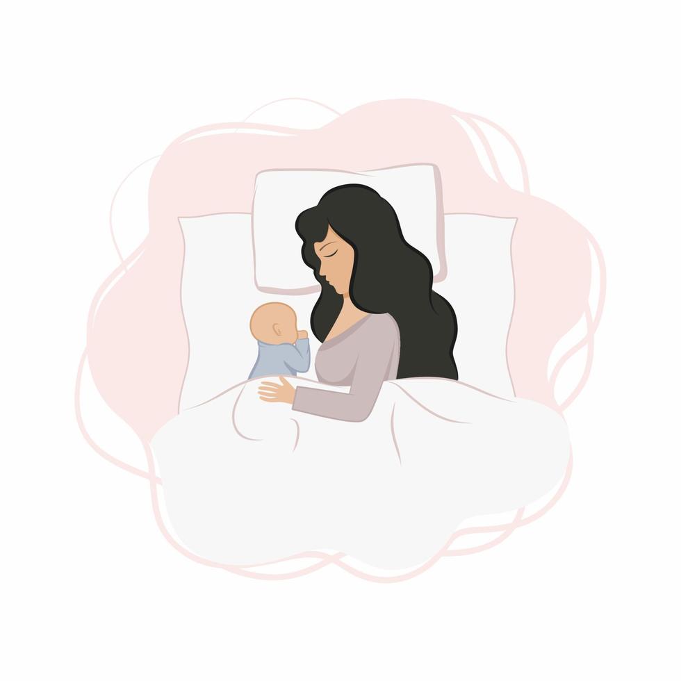 mamá y bebé recién nacido están acostados en la cama y durmiendo. mamá duerme con un niño pequeño. maternidad y cuidado del bebé, sueño saludable juntos. Ilustración de dibujos animados plano de vector. vector