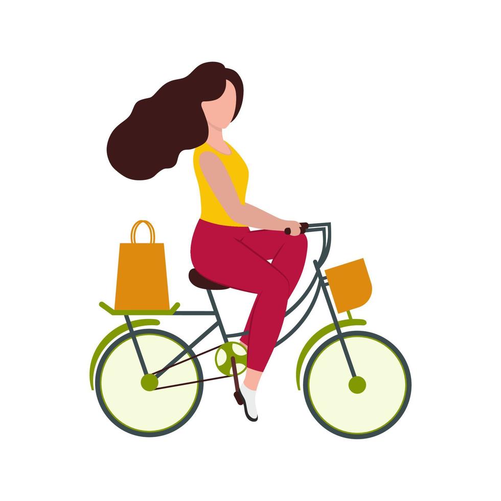 una hermosa niña va en bicicleta a la tienda para ir de compras. el concepto de un estilo de vida saludable, ciclismo, deportes. la entrega de alimentos. ilustración plana de dibujos animados de vector