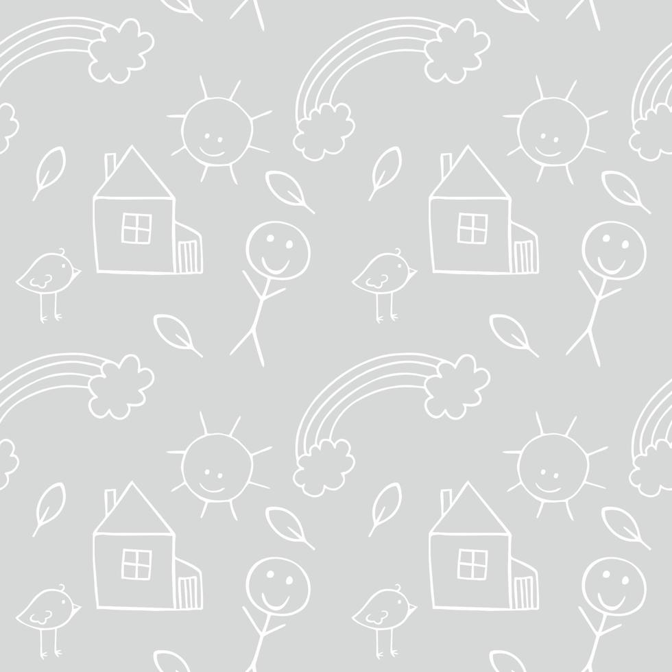 Grey children's seamless background with contour Doodle illustrations. A house, a rainbow, a person, a twig on a gray background. Endless repeating pattern for textiles, fabric, clothing, packaging vector