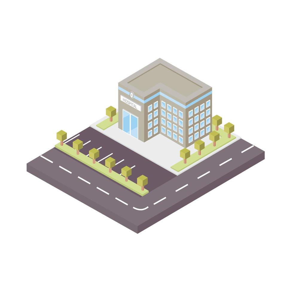 3D vector illustration of the volume. Hospital building with large Windows, Parking and road markings. Isometric 3D drawing on the theme of treatment and medicine. Multi-storey medical center.