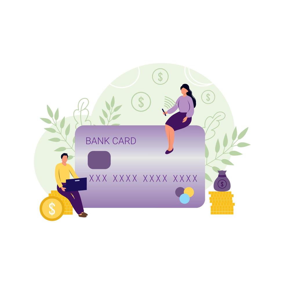 A girl and a man pay for online purchases in a store using a Bank card via online payment. The concept of an online store. Vector flat illustrations. Economics and Finance, business, banking.