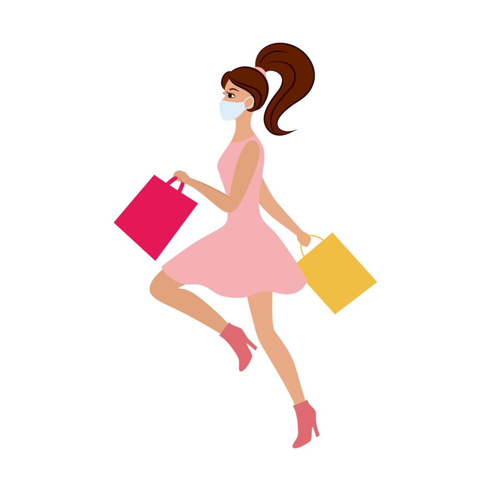 A beautiful girl in a pink dress and a medical mask runs to the store to buy at a discount sale. Vector flat cartoon illustration. Drawing for an advertising banner for a clothing and cosmetics store