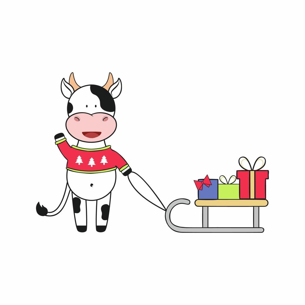 A bull in a sweater and a sled with gifts on it. Symbol of the year 2021 bull. Vector children's cartoon illustration for New year and Christmas. Design element of a postcard or sticker.
