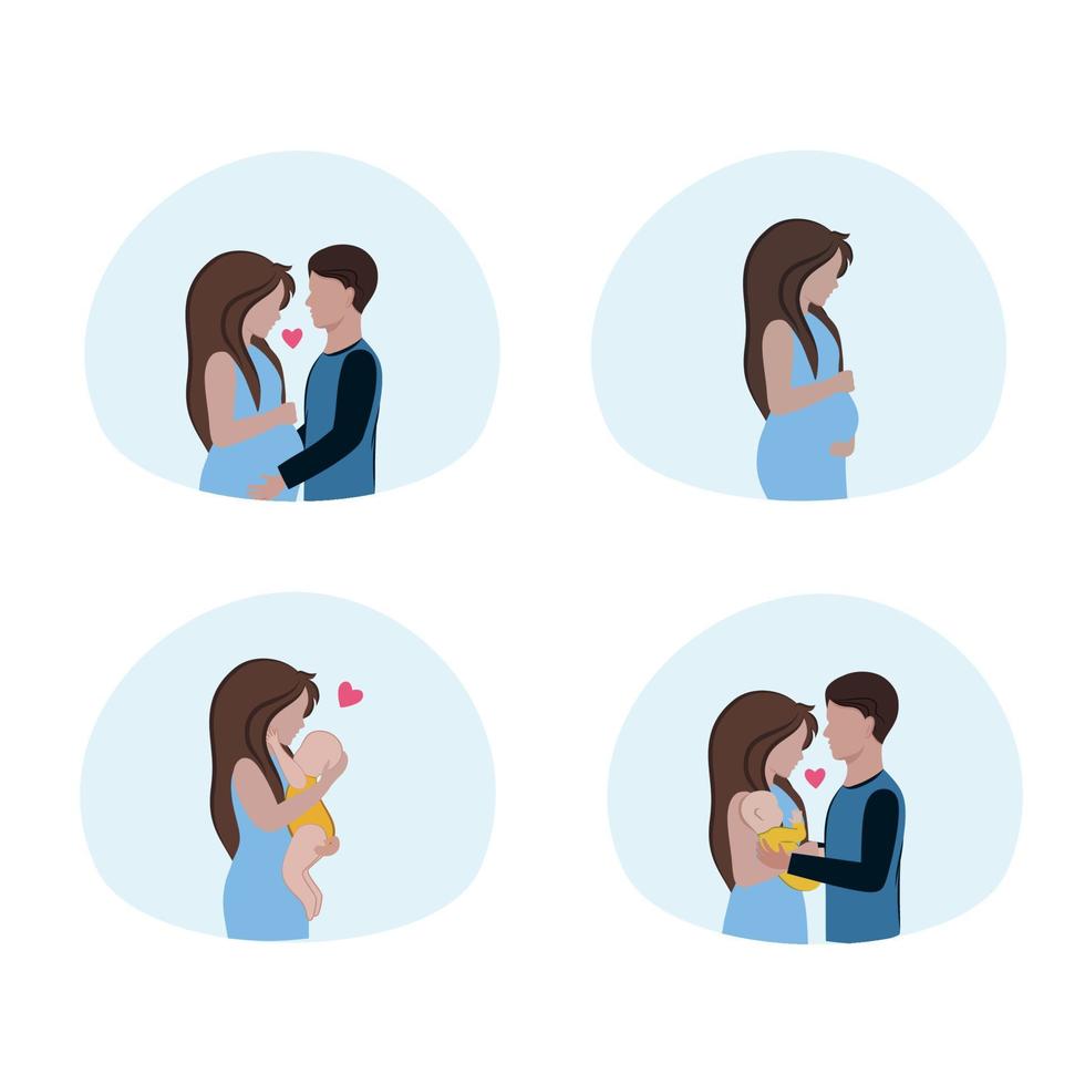 A set of vector images on the theme of happy relationships, motherhood, pregnancy and fatherhood. A young family plays with a newborn child. A pregnant woman and her husband.