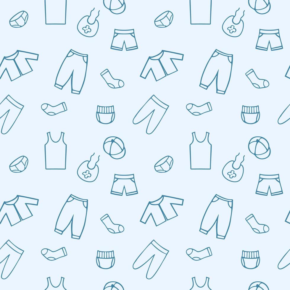 Blue endless pattern for a boy with Doodle clothing drawings. Seamless background in the children's room, tailoring, Wallpaper for your phone. Packaging paper design. vector