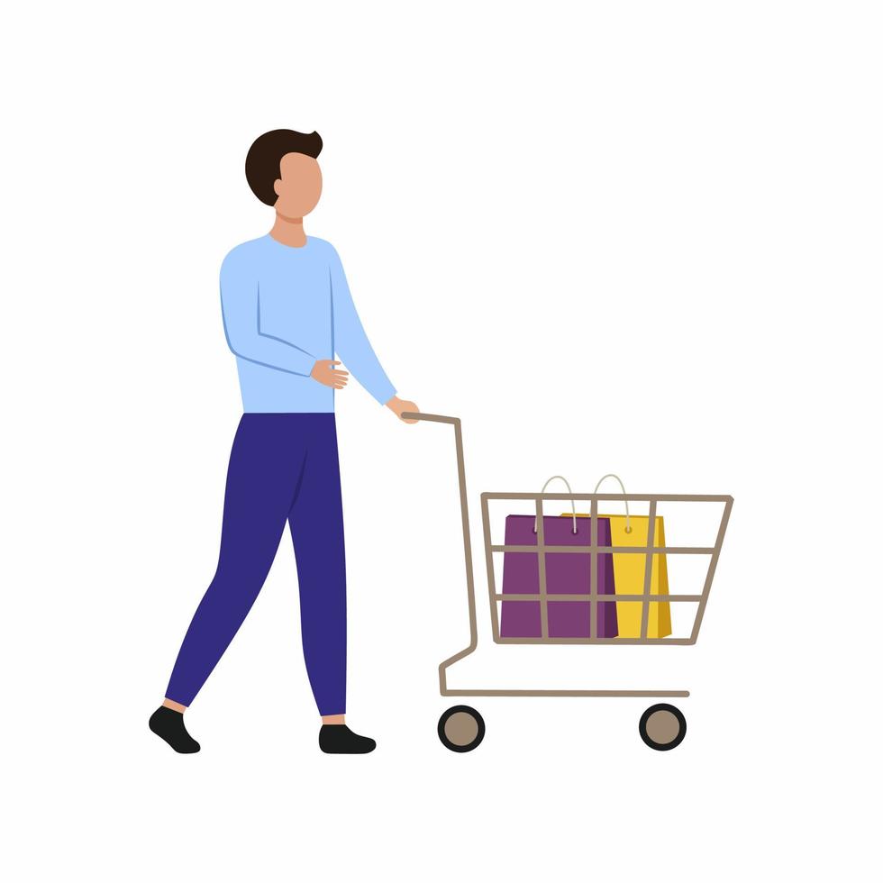 un joven con un carrito de compras va a la tienda. un hombre en el mercado hace compras. carácter plano vectorial. vector