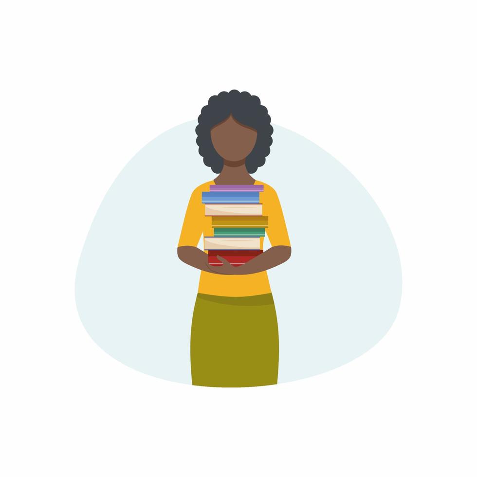 una mujer negra afroamericana tiene libros en sus manos. la chica de los libros. Ilustración de dibujos animados plano de vector aislado en un fondo blanco. elemento de diseño para una aplicación, biblioteca o librería.