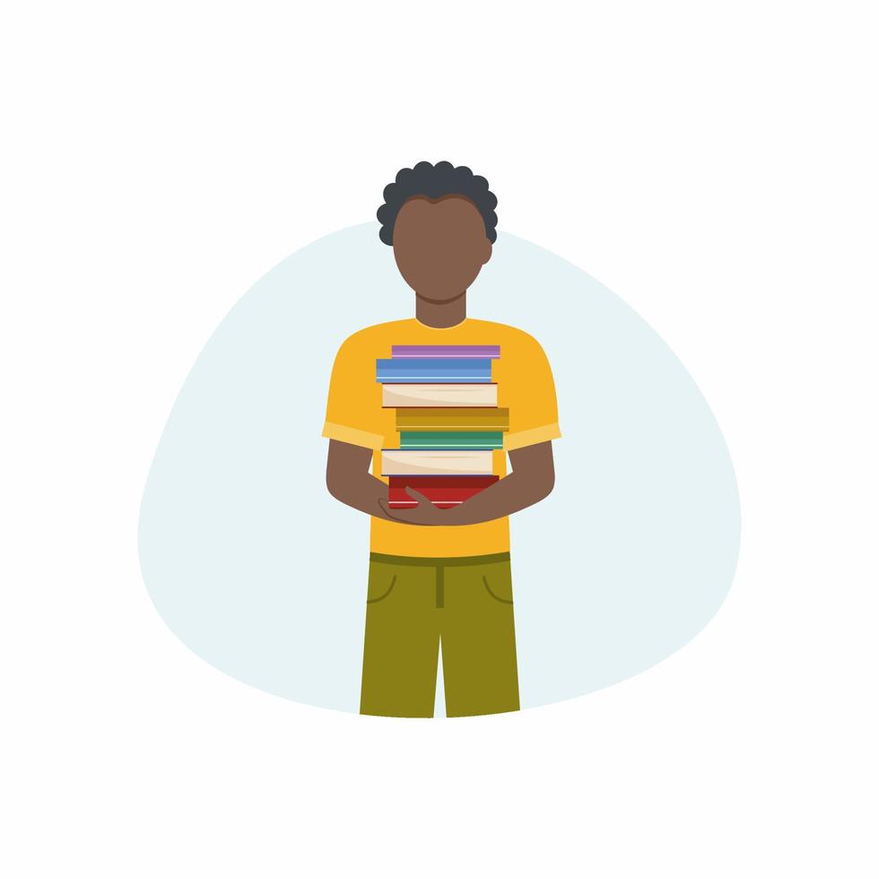 A black man is holding a stack of books. A man in a library, a bookstore. Literature for home study, reading, and science study. Vector flat illustration.