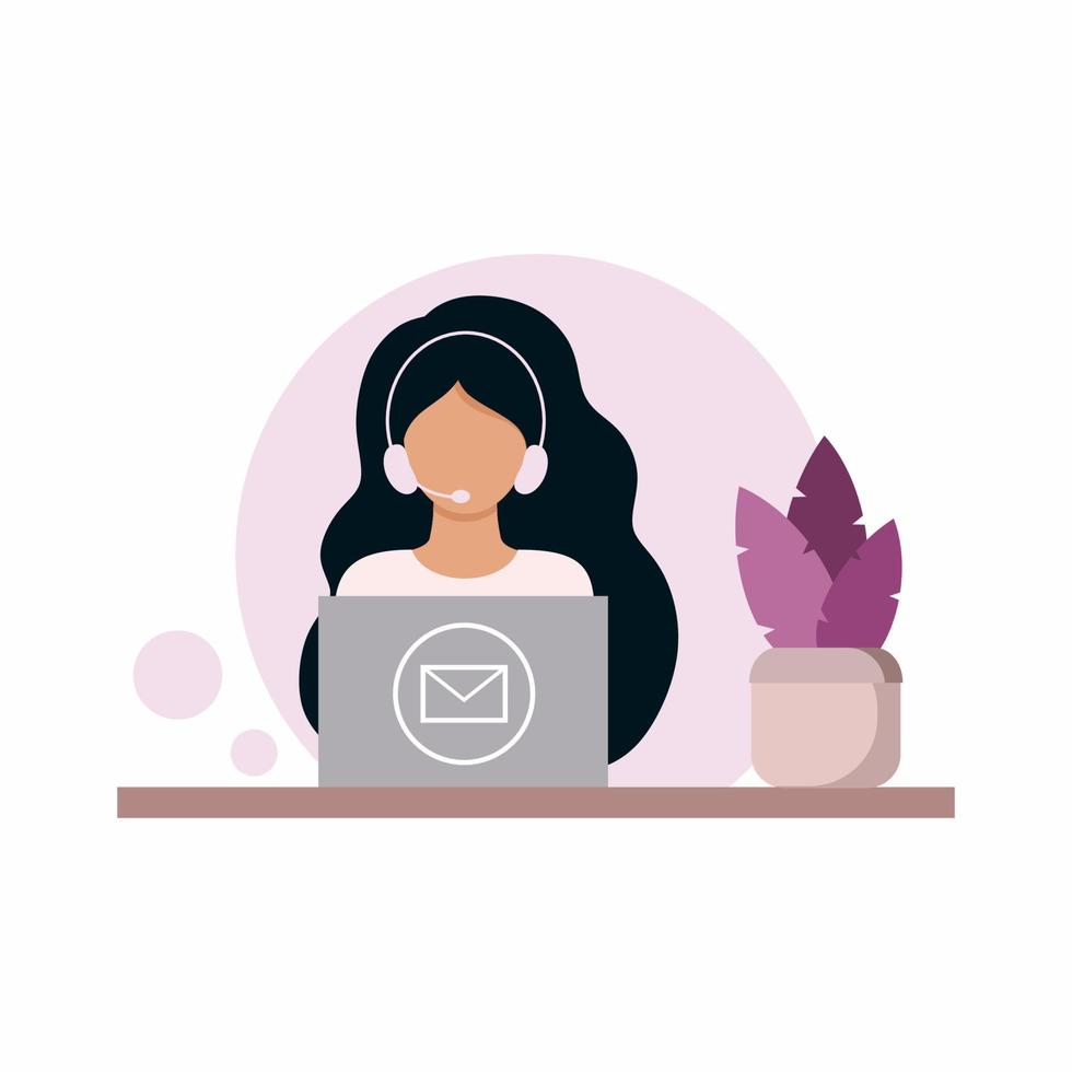 A young dispatcher from a technical support service, service center, or call center sits at a computer and answers customer questions. Illustration for banking business. Vector drawing in flat style.