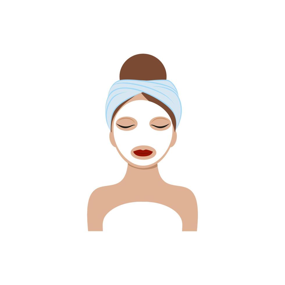 The face of a beautiful girl with a towel on her head and a white cosmetic mask on her face. Vector illustration of a cartoon. The concept of body, face and eye care. Logo of a beauty salon,