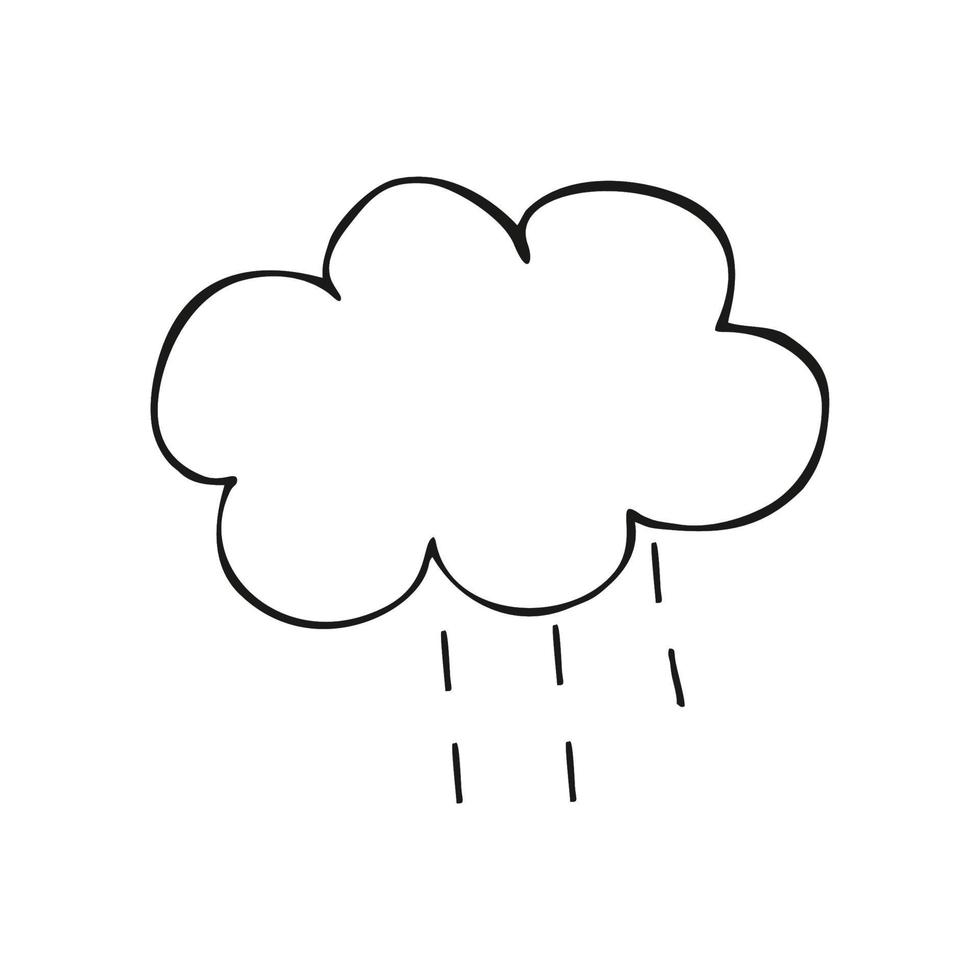 Drawing cloud Doodle. Children's drawing of a cloud with rain. Black and white contour vector illustration. Logo design, sticker, element, icon