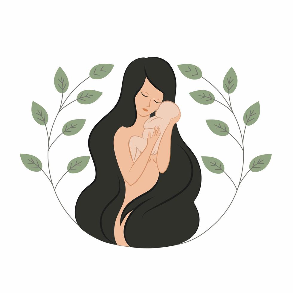 A beautiful woman mother with long hair holds a small baby in her arms. Childbirth, motherhood, and the newborn. Vector flat cartoon illustration for mother's day. Mother and child