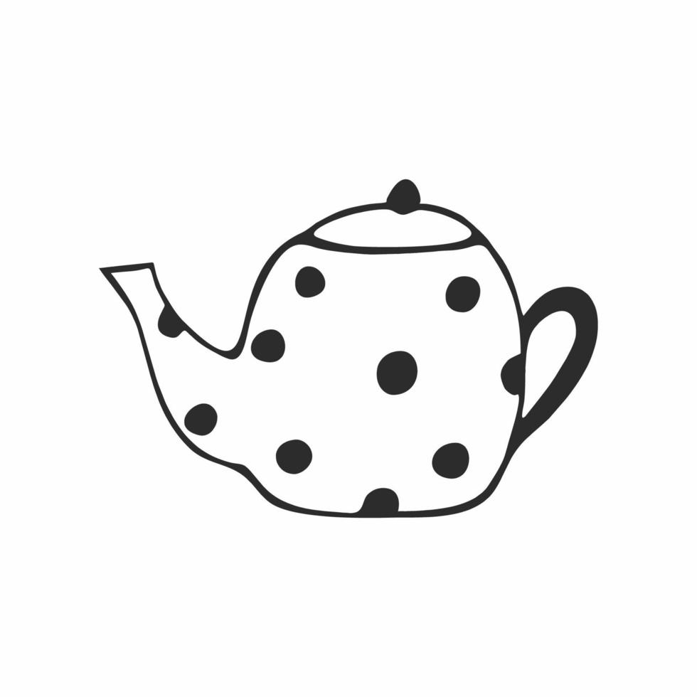 una tetera doodle dibujada a lápiz sobre un fondo blanco. ilustración de contorno vectorial para niños. elemento de logotipo para una cafetería, cafetería, restaurante y ceremonia del té. vector