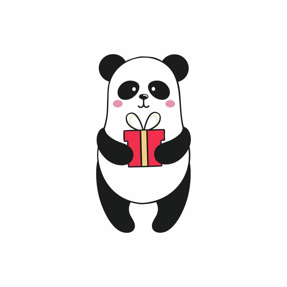 panda tiene un regalo para cumpleaños, año nuevo o navidad. Ilustración de dibujos animados para niños festivos. pegatina divertida para publicaciones en redes sociales e internet. dibujo de un panda sobre un fondo blanco vector