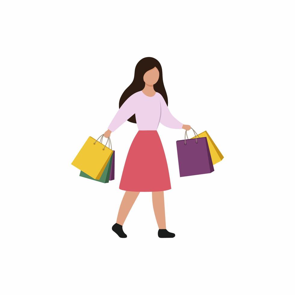 chica plana en un estilo simple viene con paquetes de la tienda. mujer con compras. promoción, venta, mejor oferta. vector