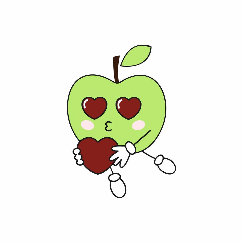 una manzana amorosa tiene un corazón en sus manos. Smiley de fruta divertida con emociones. ilustración de dibujos animados para niños para Internet, redes sociales y aplicaciones. vector