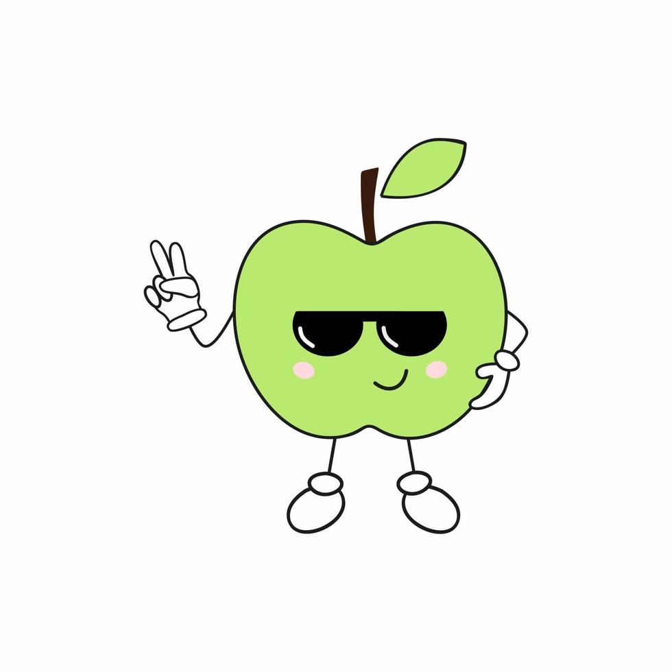 Funny Apple with glasses. Funny smiley face on a white background. Vector cartoon character. Fruits and vegetables with eyes.