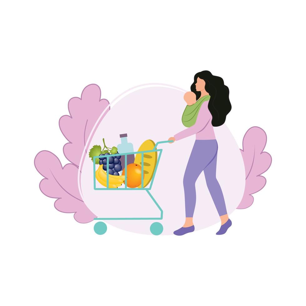 A beautiful mother with a newborn baby in a sling in her arms went to the store for shopping with a basket of products. Shopping at a grocery store. Fruit and food. Vector flat illustrations.