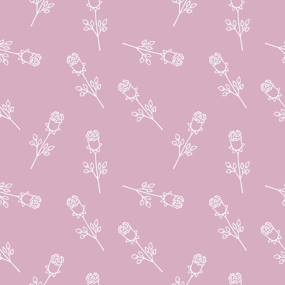 White roses on a pink background. Vector Doodle illustration. Endless seamless pattern with rose flower outline. Background for textiles, wrappers, website or web page design on the Internet.