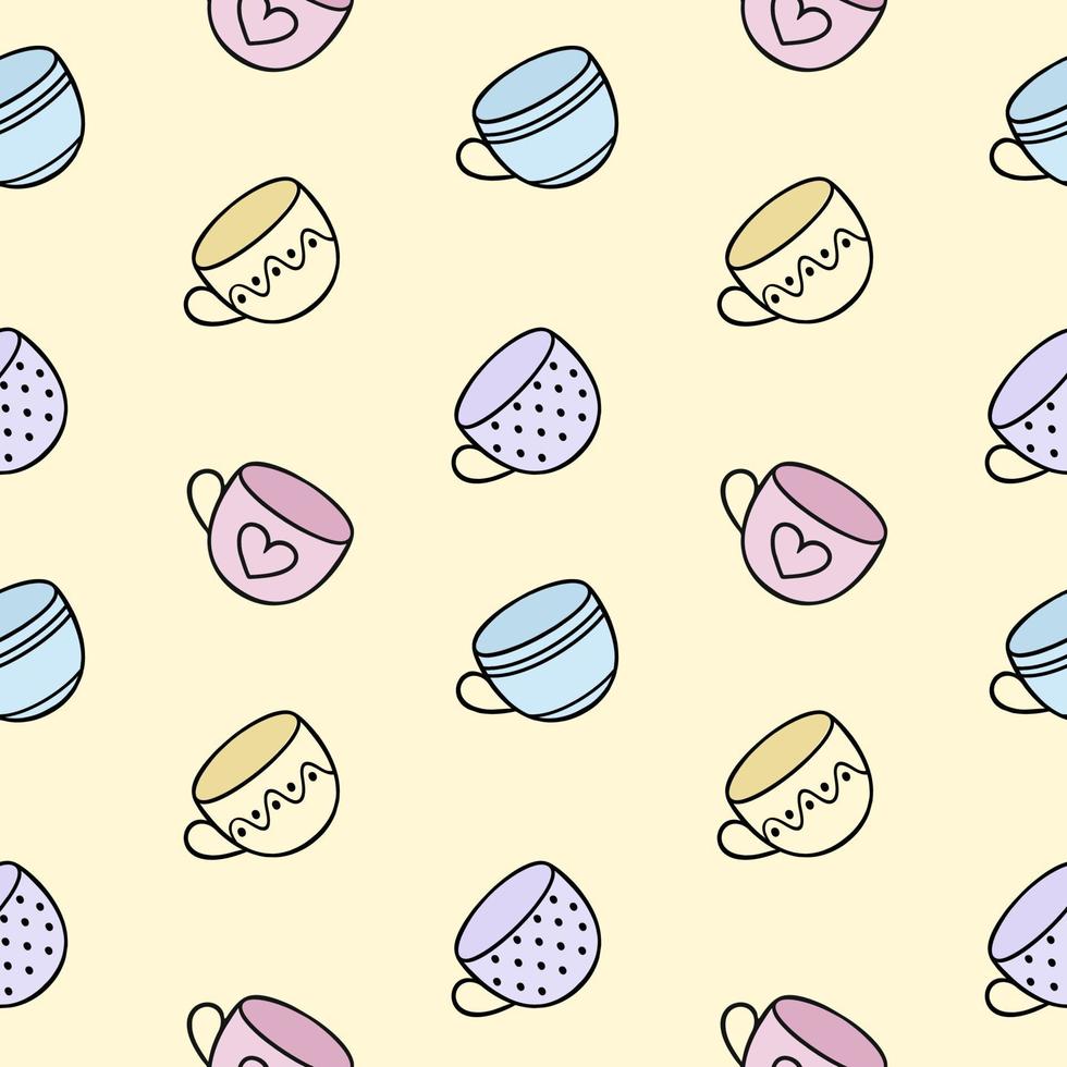 Seamless endless pattern with tea mugs. The Cup's Doodle is hand-drawn on a yellow background.Pattern for textiles, printing, clothing, packaging paper. Background and Wallpaper for the site. vector