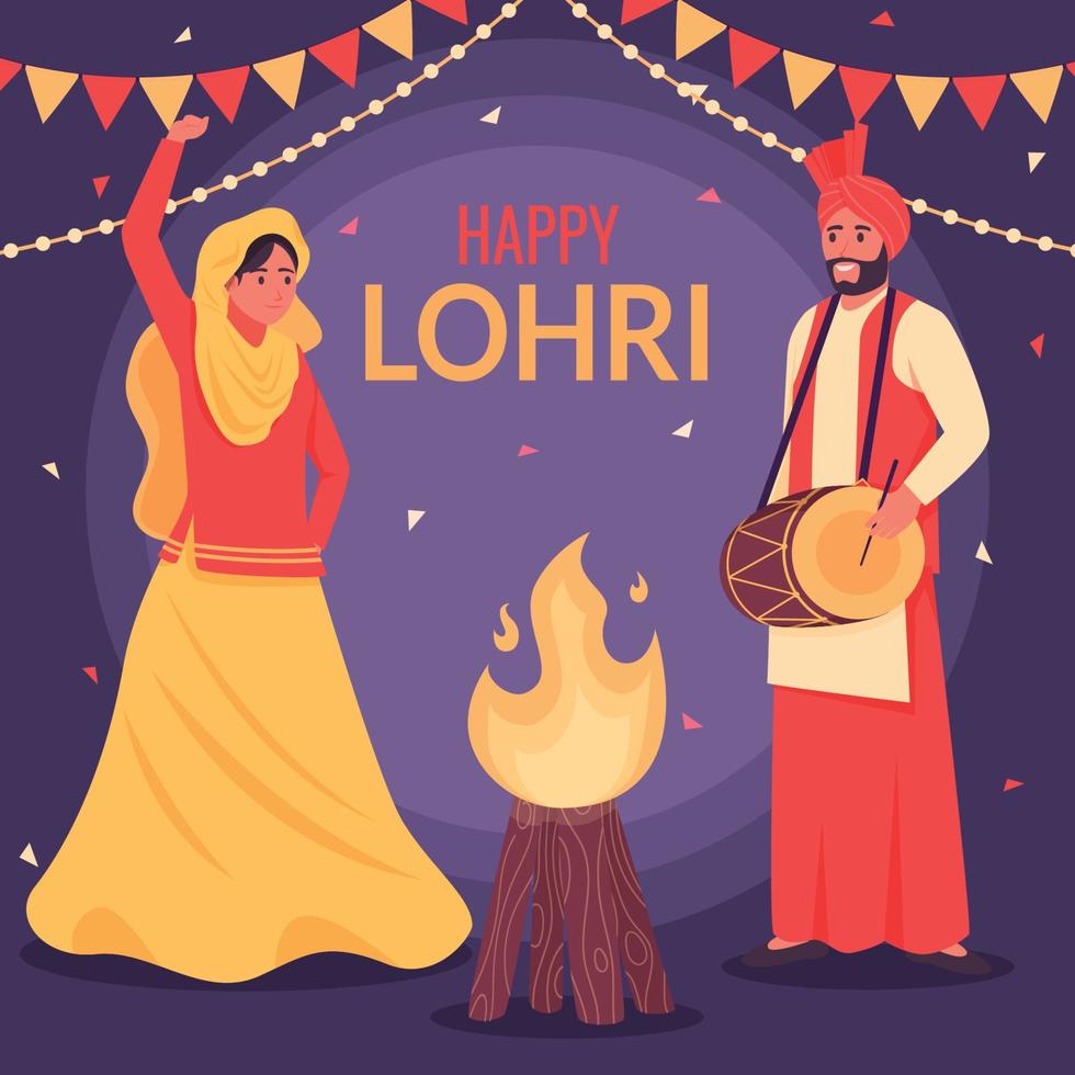 hombre y mujer bailan en el festival lohri vector