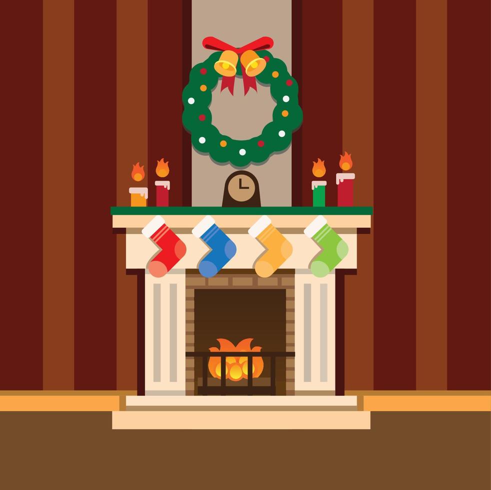 Chimenea, chimenea, vector de diseño plano de decoración navideña.