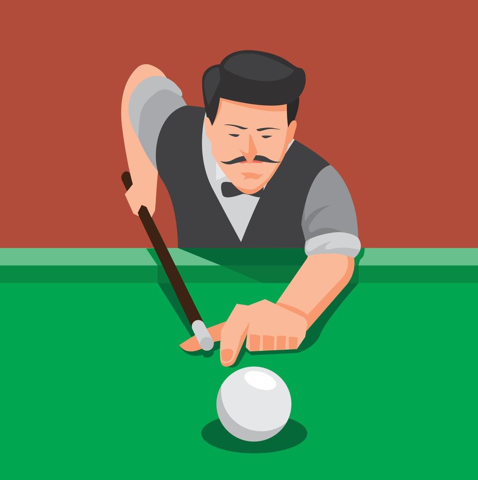 close up man with mustache shooting pool ball, illustration of billiard game in cartoon flat illustration editable vector