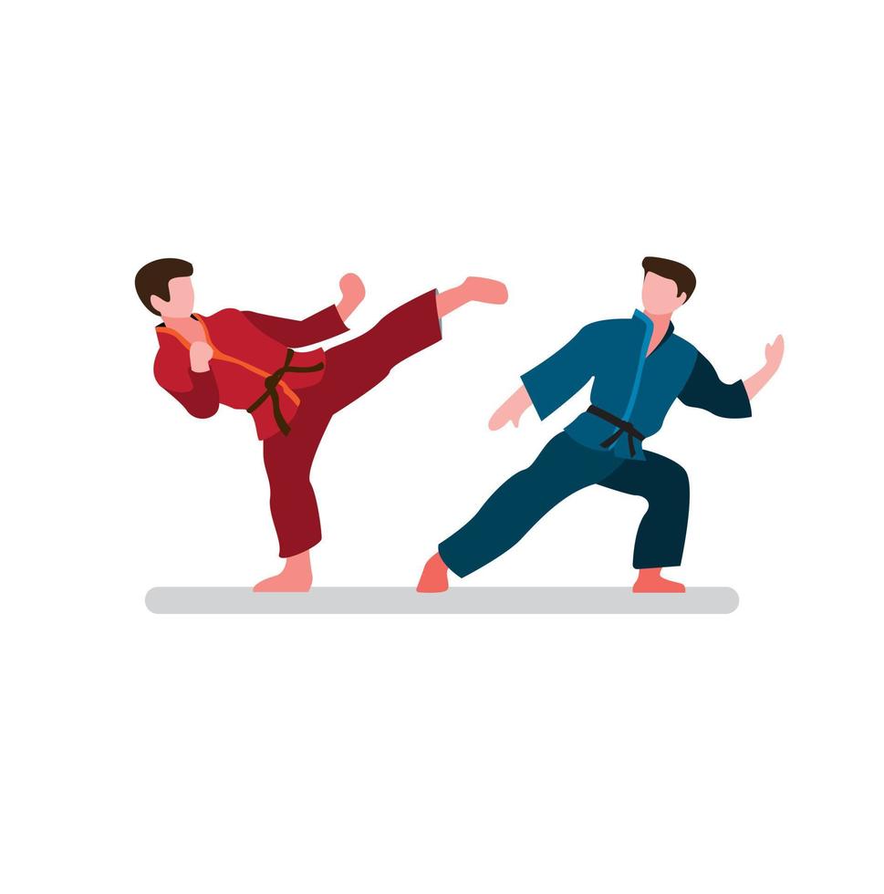 dos hombres luchando en karate, kungfu o pencak silat artes marciales tradicionales de asia, vector de ilustración plana de dibujos animados de campeonato