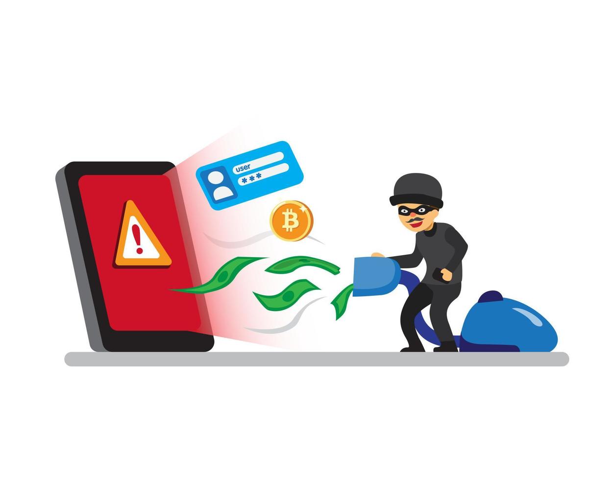 thief hacked smartphone and steal money with vacuum cleaner symbol, security protection on smartphone in flat illustration vector