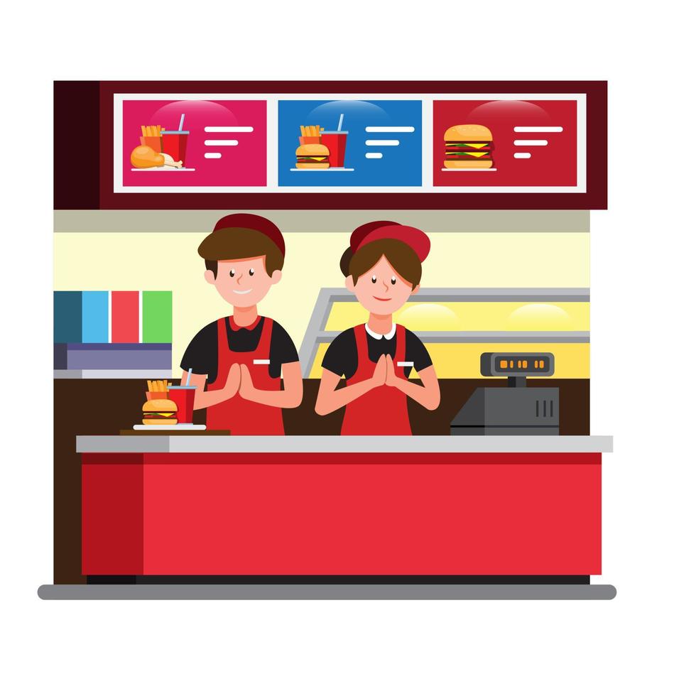 fast food cashier counter, man and woman wear uniform work in burger restaurant in cartoon flat illustration vector