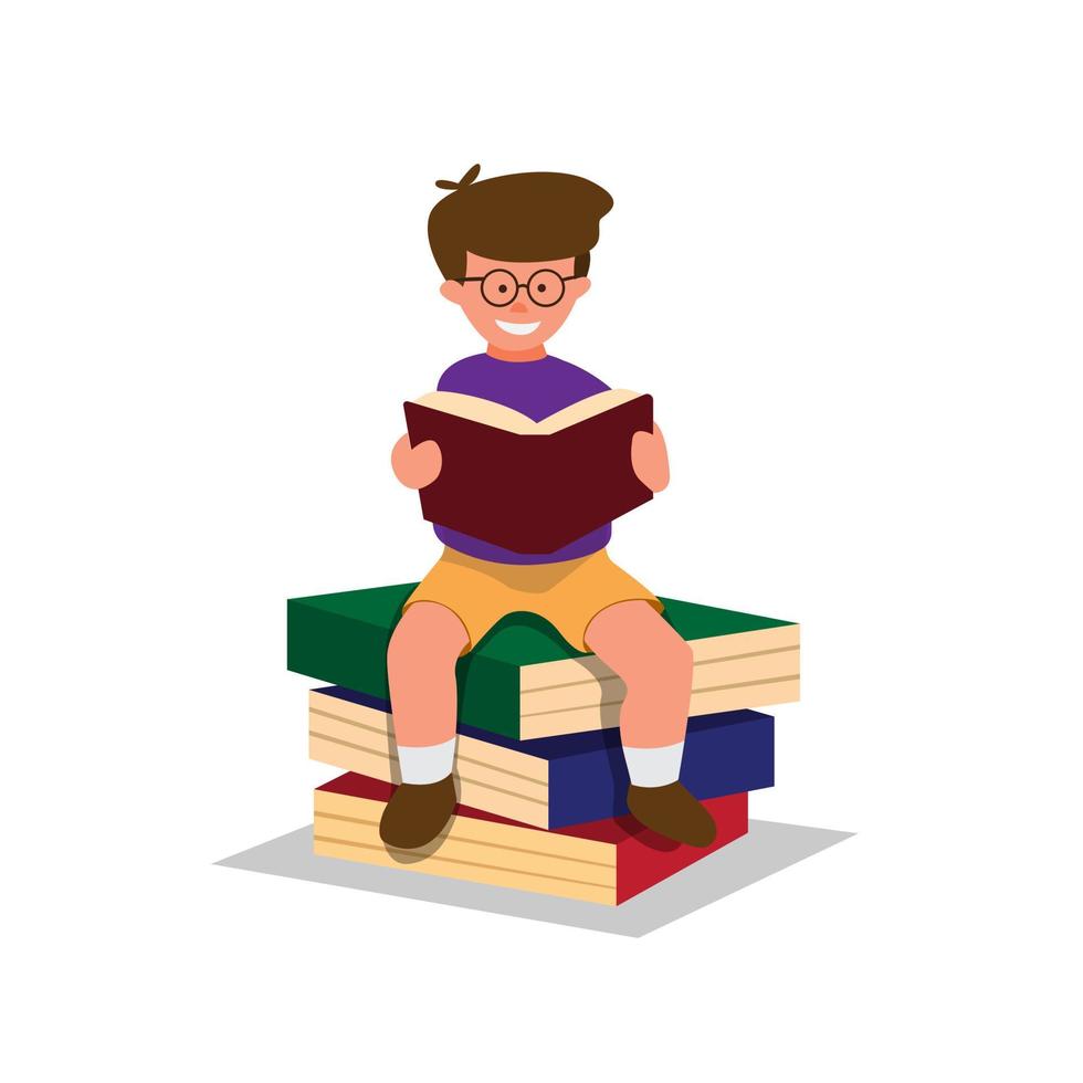 boy reading book and sitting in stack books, children study and learning illustration in flat cartoon vector isolated in white background