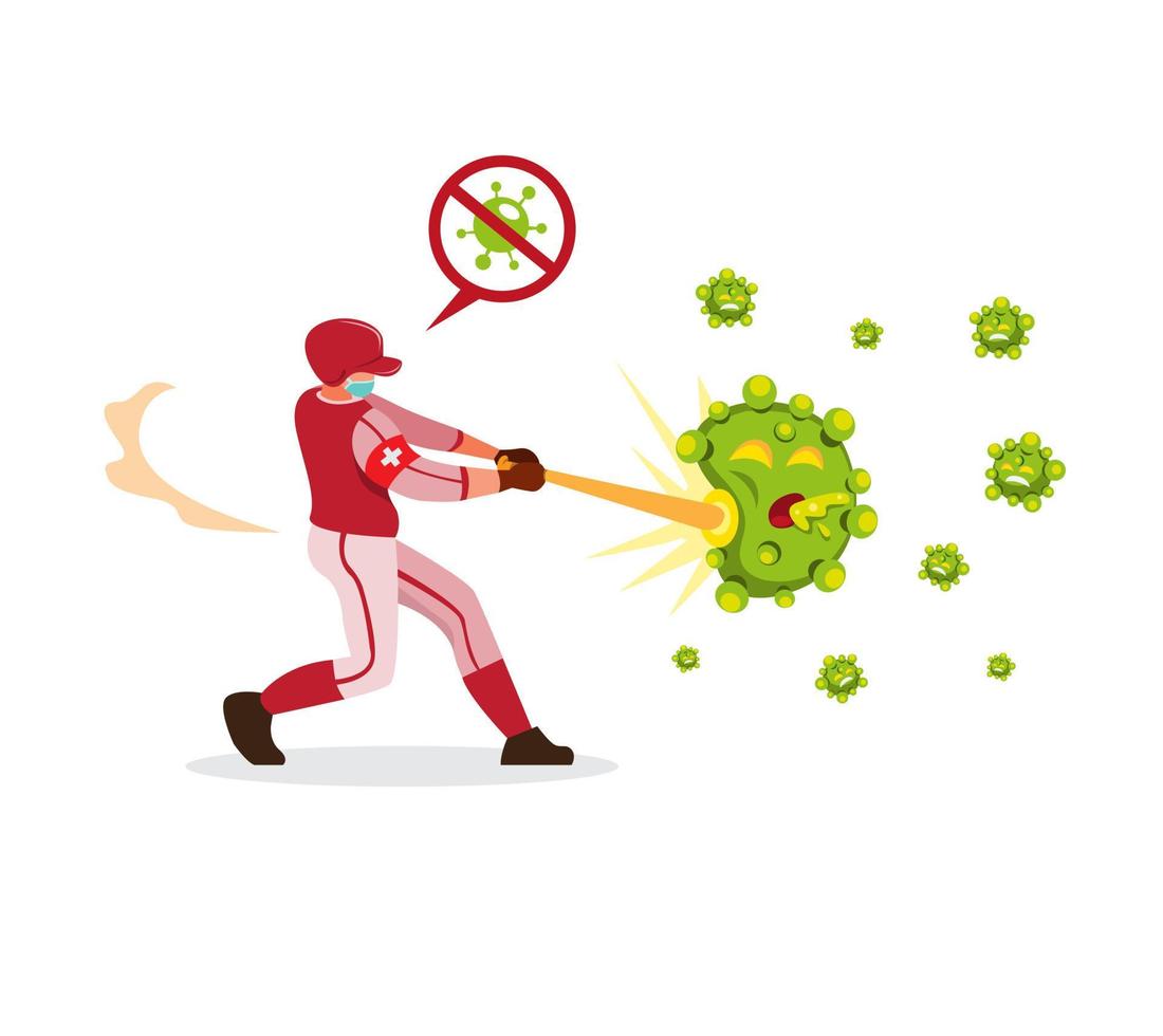 Baseball player hitting bacteria to stop corona virus spreading illustration in cartoon flat vector isolated in white background