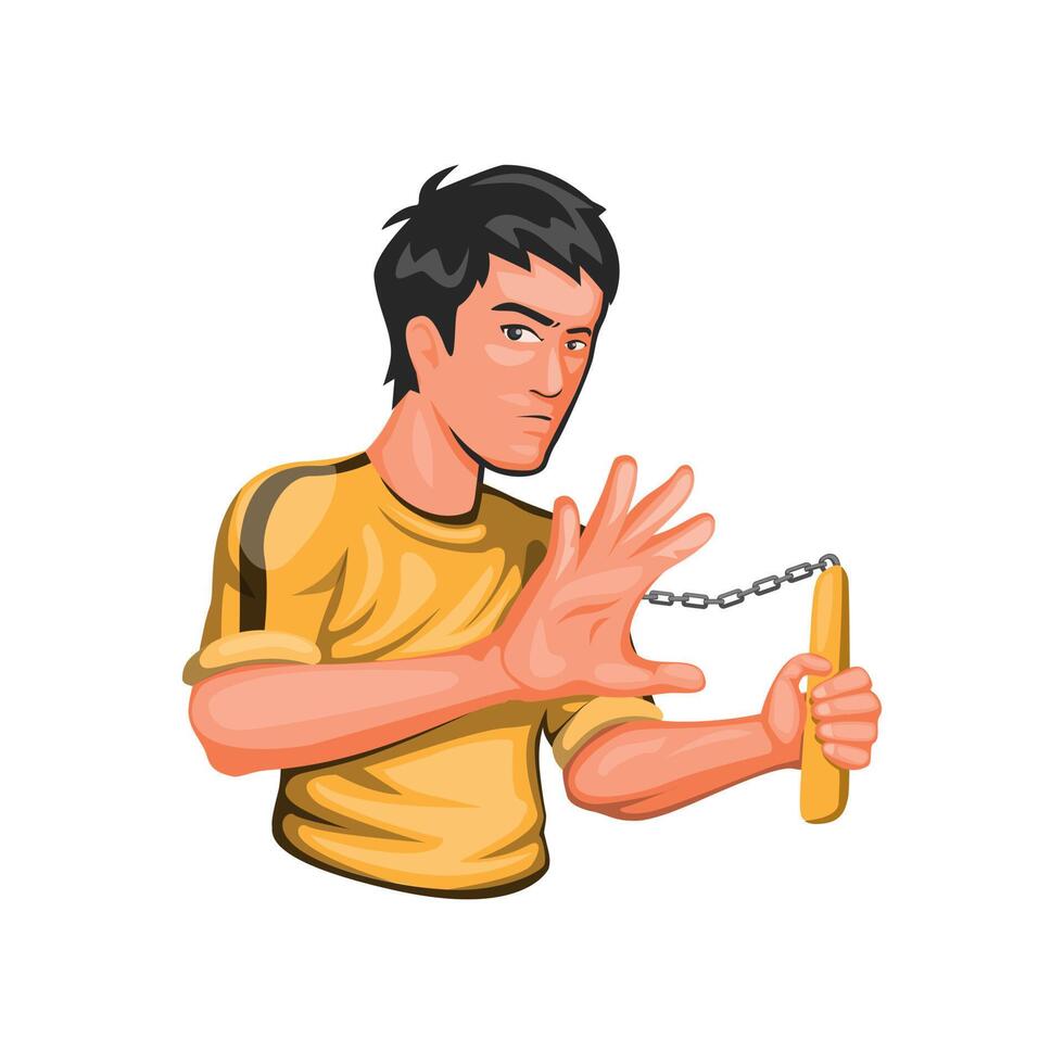 Bruce lee holding nunchaku jeet kune do kungfu martial art fighter character concept in cartoon illustration vector