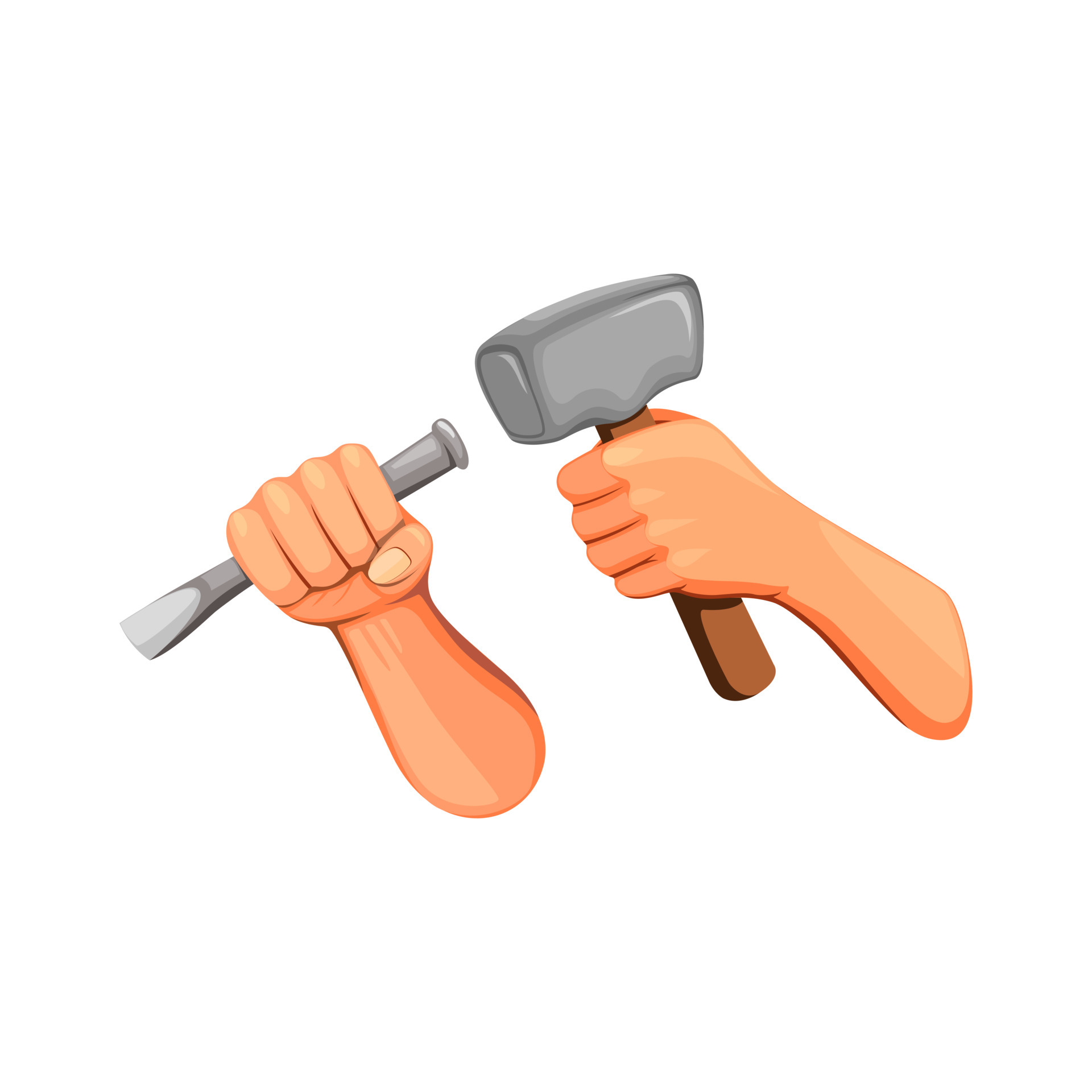 Hand holding hammer and chisel concept in cartoon illustration vector
