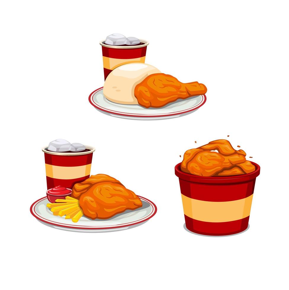 Menú de pollo frito con soda de papas fritas y en el símbolo del cubo para el concepto de conjunto de restaurante de comida rápida en vector de ilustración de dibujos animados