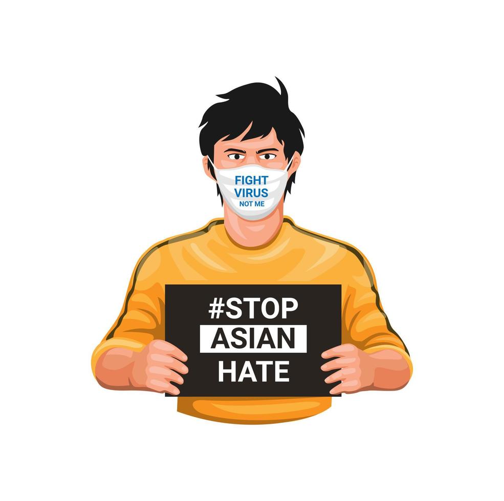 Stop Asian Hate and fight virus symbol with asian boy wearing mask and holding sign. avatar character in cartoon illustration vector on white background