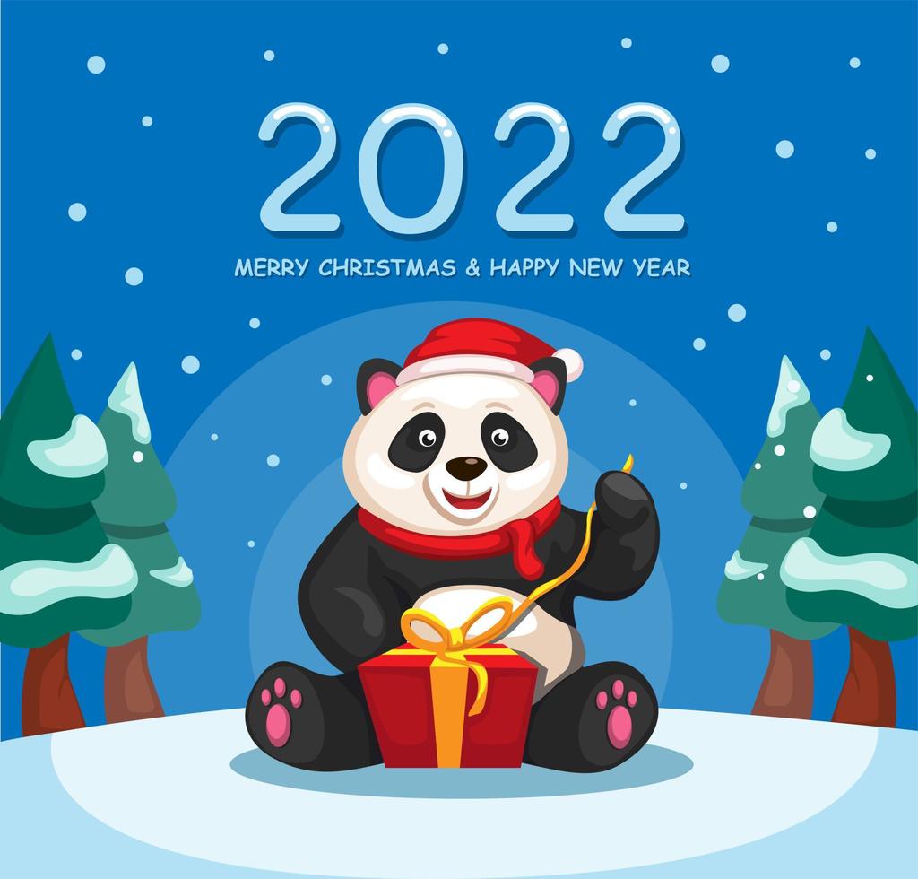 2022 celebración de navidad y año nuevo con vector de ilustración de dibujos animados de caja de regalo abierta panda
