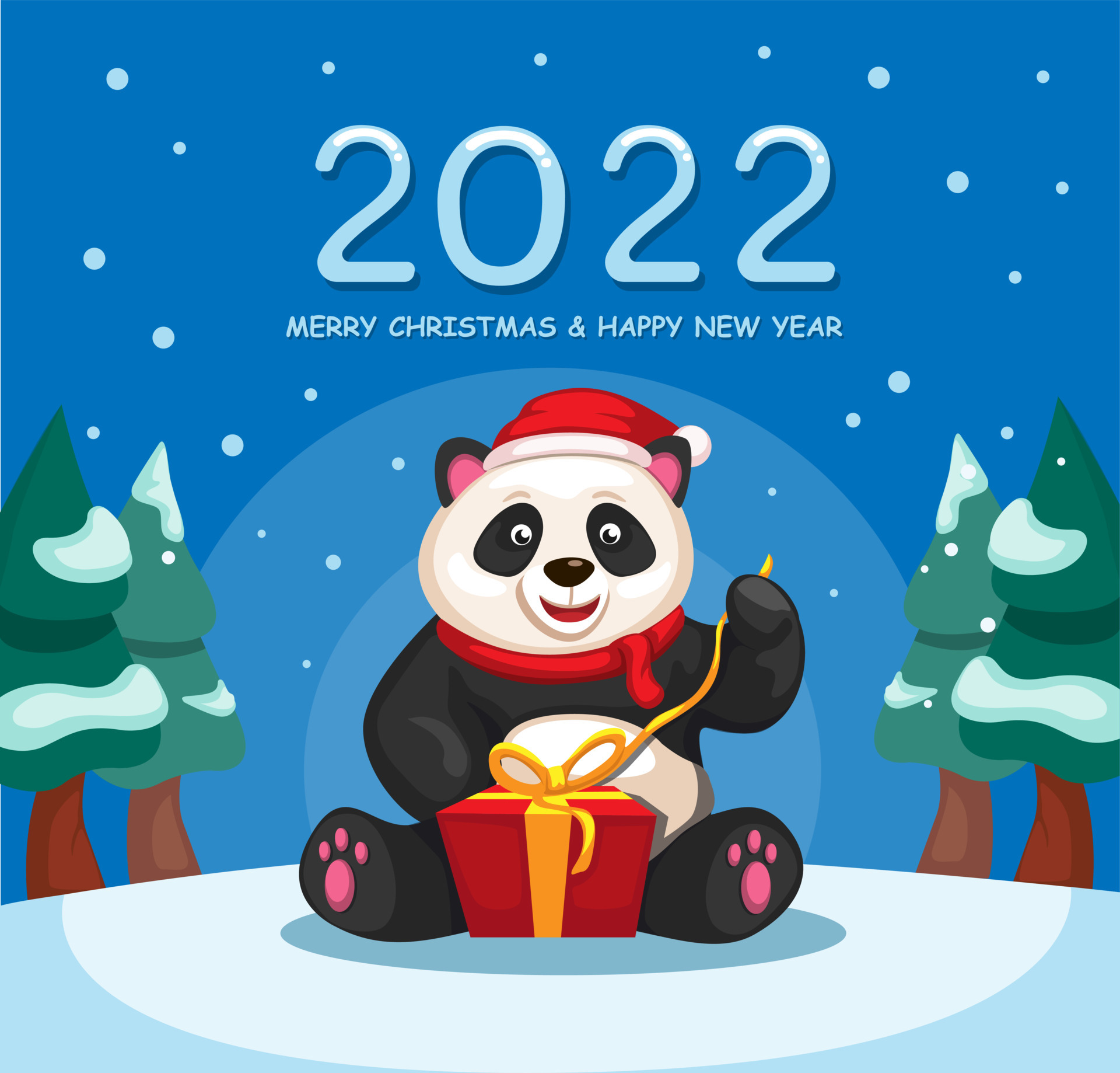 2022 christmas and new year celebration with panda open gift box