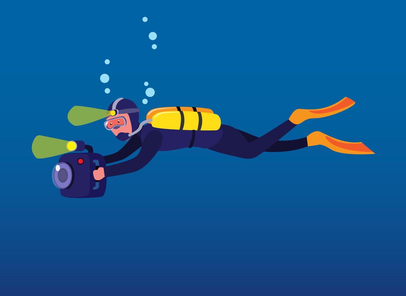 Hombre de buceo con cámara, camarógrafo grabando bajo el agua en el océano con dibujos animados de luz de flash en vector de ilustración plana