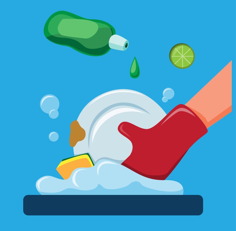 hand in rubber glove washing dishes with dish cleaner product and sponge flat illustration vector