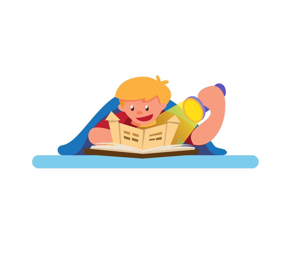little boy reading pop up story book use flashlight under blanket in bed before sleep night flat cartoon illustration background vector