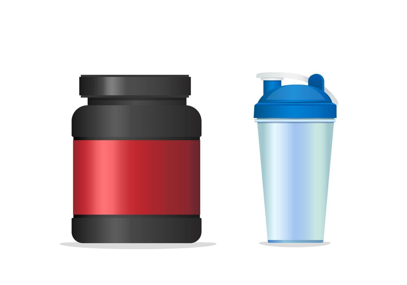 Suplemento de fitness ganar producto en masa con agitador de botellas, equipo de gimnasio en vector de ilustración realista aislado en fondo blanco