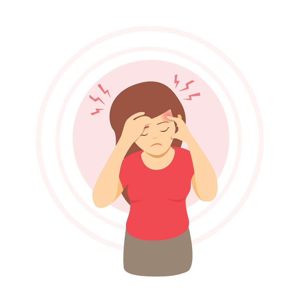 mujer que tiene dolor de cabeza, migraña. chica tocándose las sienes sufriendo un dolor de cabeza. vector de ilustración de dibujos animados aislado en fondo blanco