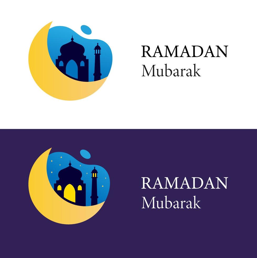 Ramadan Mubarak Logo with Moon and Mosque Symbol for greeting and celebration in islamic event suitable for business card, flyer, banner or etc. concept cartoon flat illustration vector