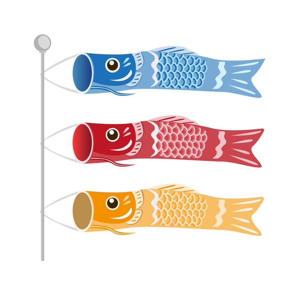 Japanese Childrens Day Koinobori, Fish Carps Flags in three color icon set in flat illustration vector isolated in white background