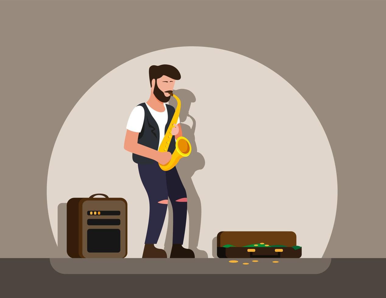 Man busking playing saxophone, street musician performance in cartoon flat illustration vector