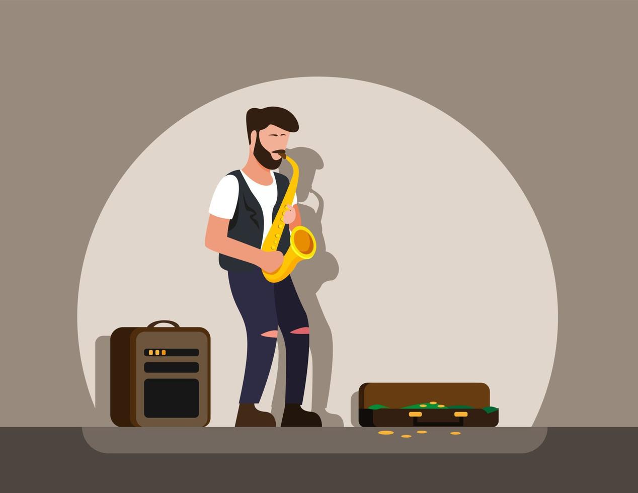 Hombre tocando el saxofón tocando el busking, actuación de músico callejero en vector de ilustración plana de dibujos animados