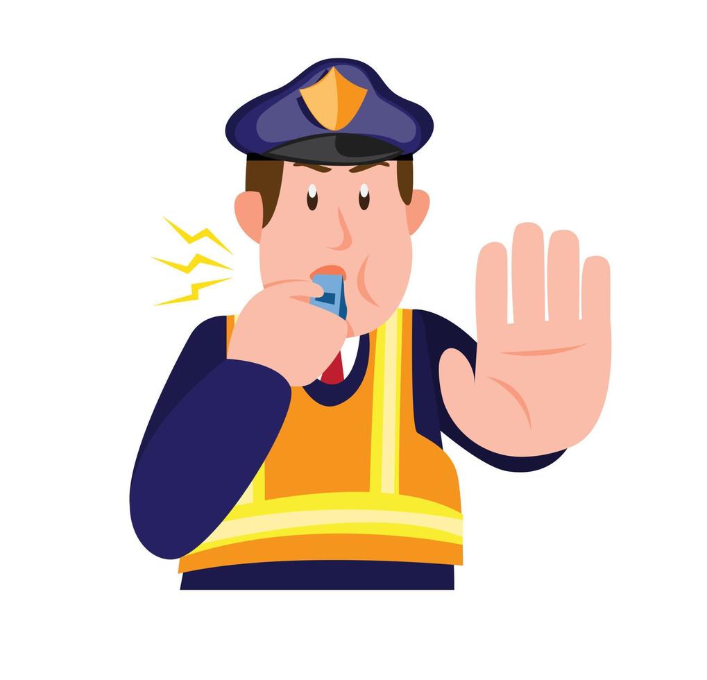 police patrol blowing whistle and asking someone to stop in cartoon flat illustration vector isolated in white background