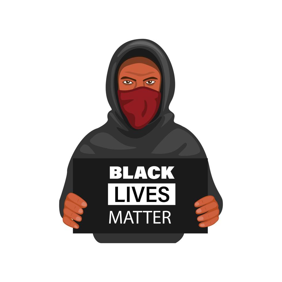 Protester man wear hoddie and mask holding sign board black lives matter symbol in cartoon illustration vector on white background